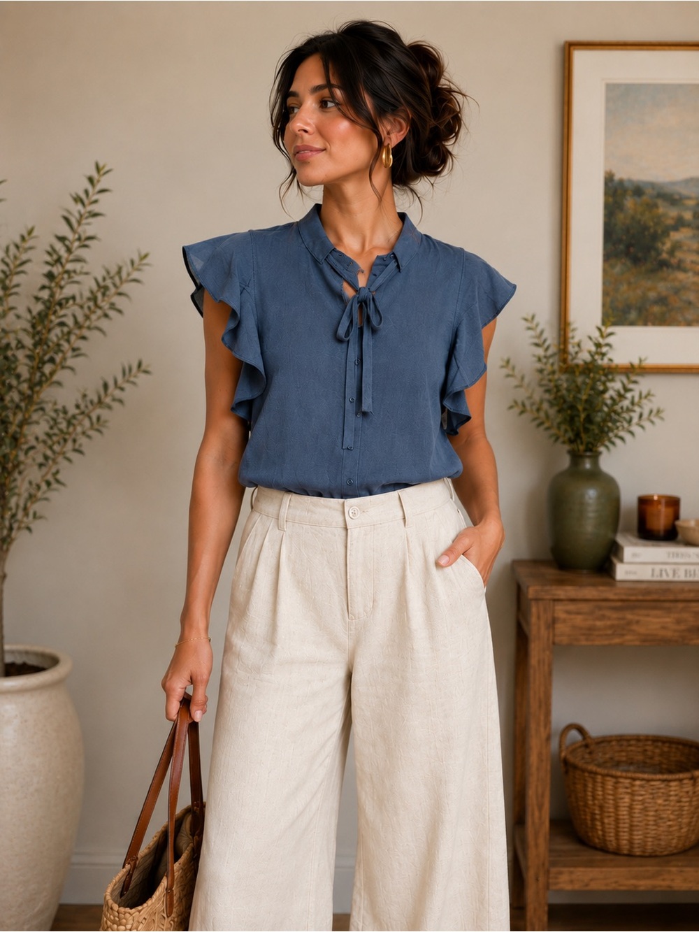 NWT Tulip B Tie-Neck Ruffle Sleeve Bodysuit - Blue Blouse Bohemian